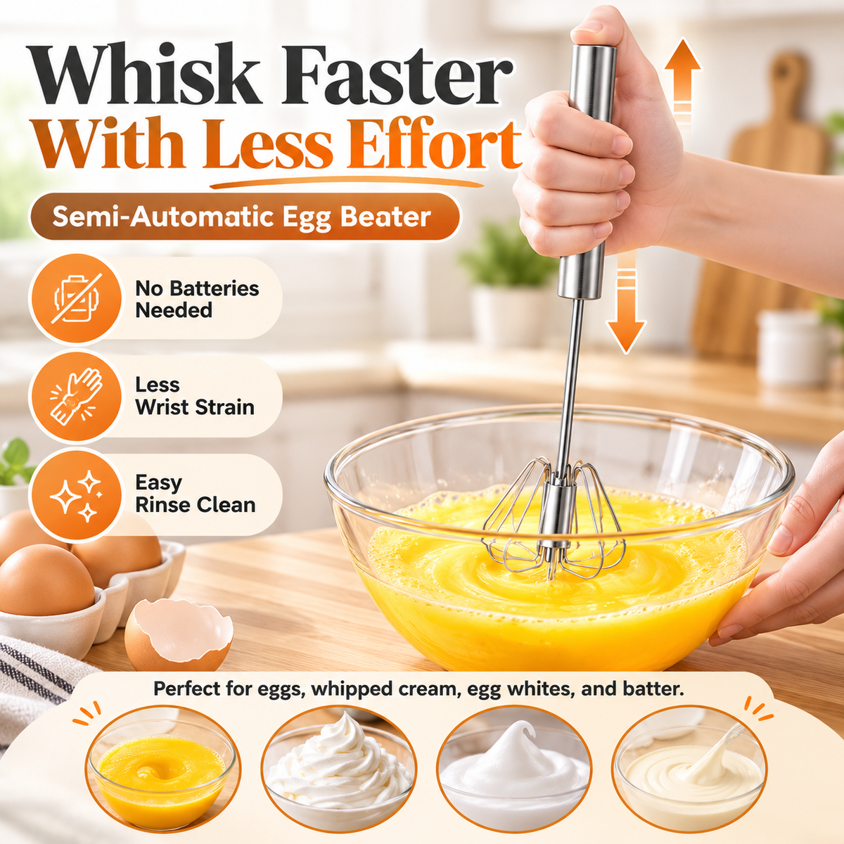 🥚 AA Food-Grade Stainless Steel Hand-Push Rotary Whisk ✨